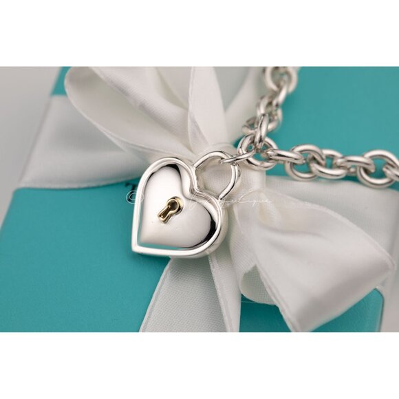 Tiffany & Co. Heart Lock Necklace Thick 16" Chain 18k Gold Sterling Silver - Picture 5 of 8